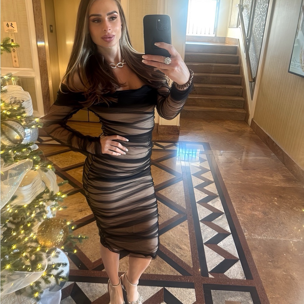 Brown and Tan Off the Shoulder Bodycon Dress